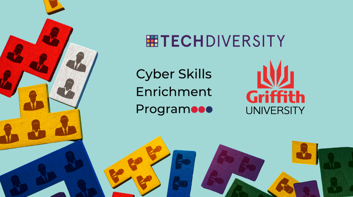 Picture of blocks with people icon print, and logo of TechDiversity, Griffith University and Cyber Audit Team