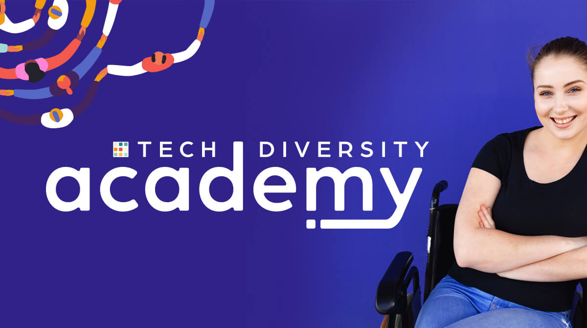 TechDiversity logo on dark purple background next to a white woman in a wheelchair