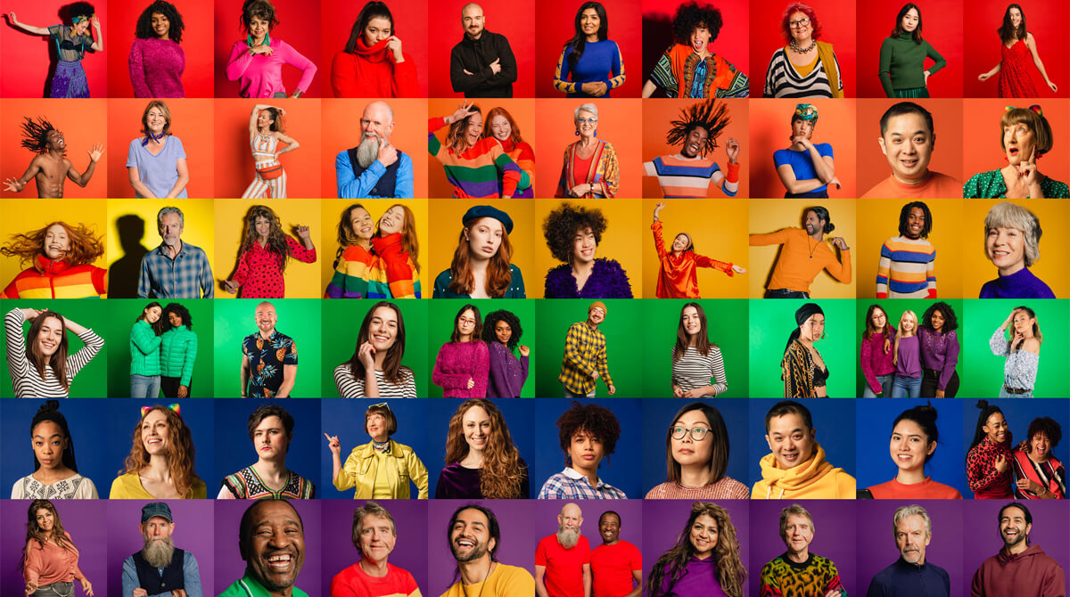 A diverse group of people shown on different coloured backgrounds in a grid format